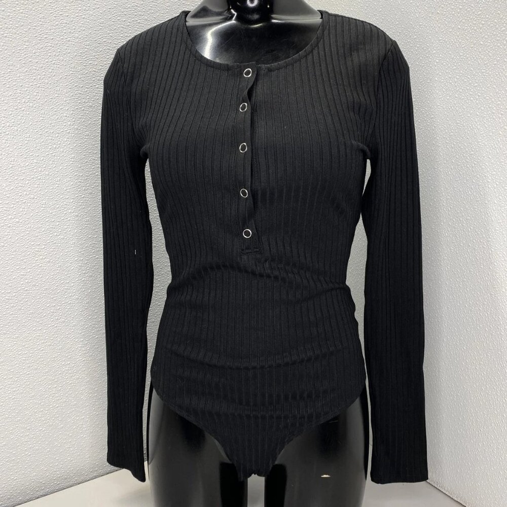 NEW LOVERS & FRIENDS Lina Long Sleeve Ribbed Jersey Bodysuit Black Size S
